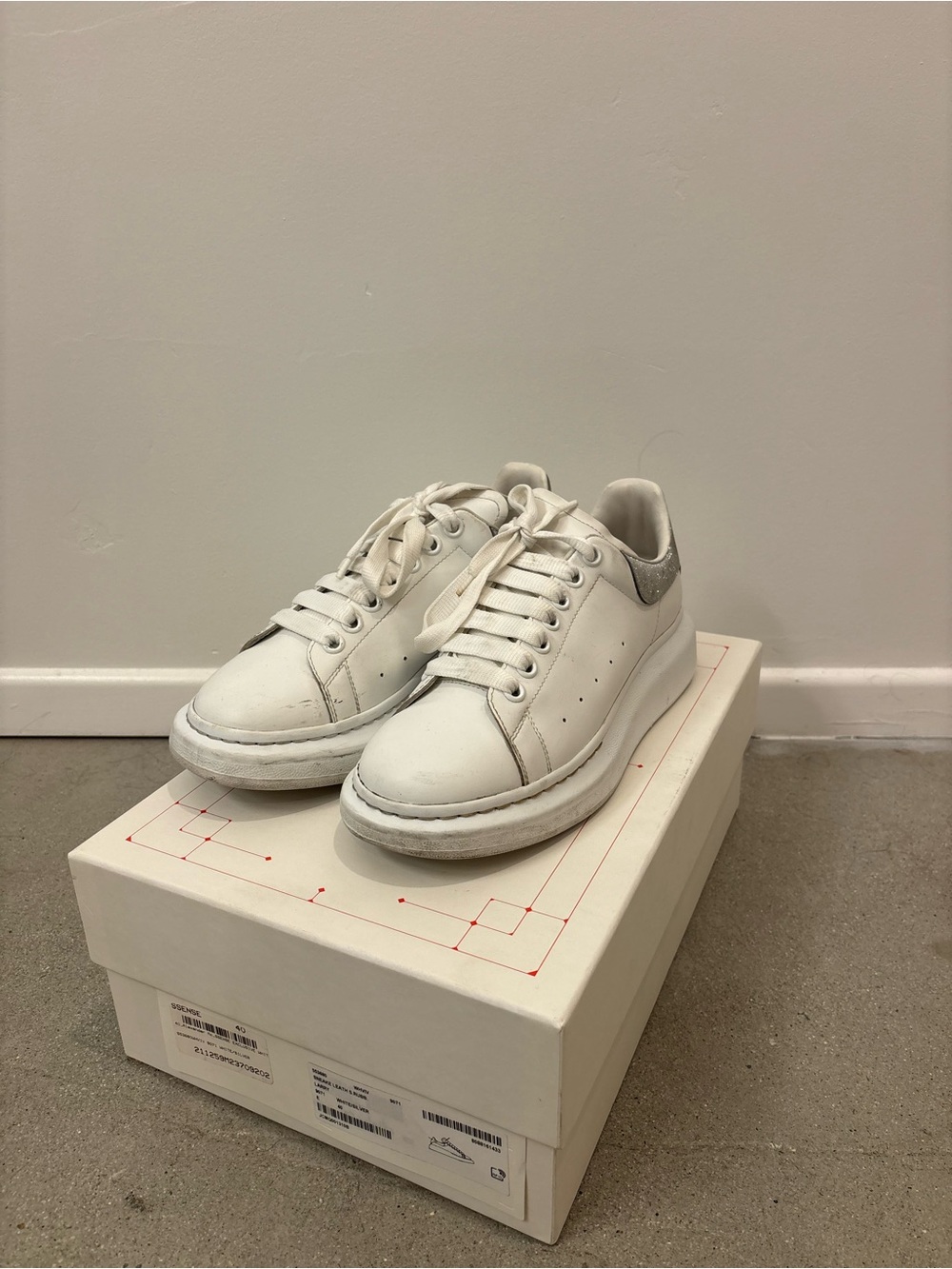 Alexander McQueen White Leather Oversize Sneakers with Glitter Heel Tab Size 40